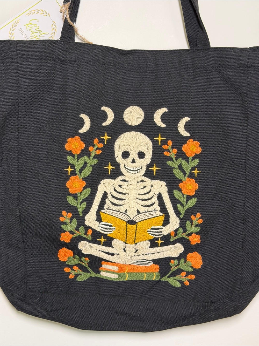 Black Skeleton Reading Embroidered Canvas Tote Bag Book Flowers Moon Reading - Picture 5 of 5